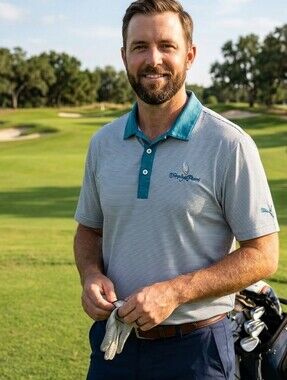 PUMA Golf Heritage Pines Polo Shirt Men's Large Blue Striped Performance